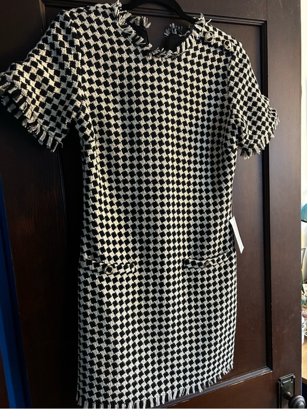 Black and White Tweed Mini Dress with Fringe Trim